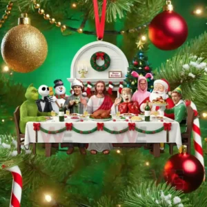Christmas ornament depicting a cheerful dinner scene with Jesus and famous Christmas movie characters surrounded by holiday decorations and tree ornaments!
