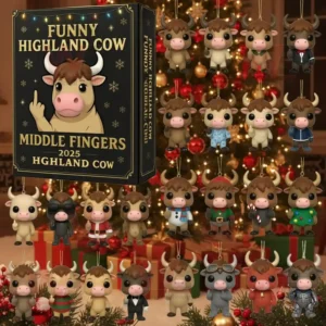 A Funny Highland Cow themed Advent Calendar 2025 with several cow ornaments hanging near a Christmas tree filled with red and gold lights!