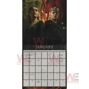 Two characters standing in front of flames above a January calendar grid!