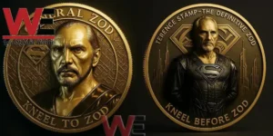 A gold coin depicting an armored figure before a large emblem with bold surrounding text!
