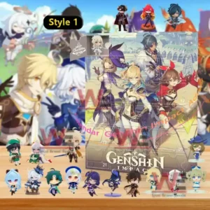 An image of a Genshin Impact Style 1 advent calendar set with Mondstadt characters and collectible chibi figures arranged in front of the calendar box!