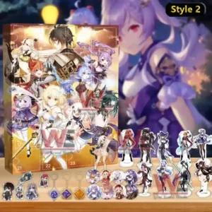 A vibrant Genshin Impact Style 2 advent calendar with Liyue-themed artwork and collectible character items like stands and charms arranged in front!