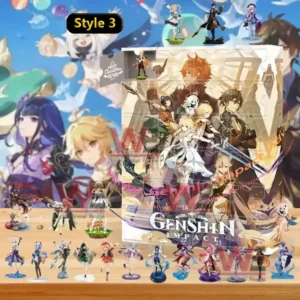 A detailed Genshin Impact Style 3 advent calendar with cross-region characters and multiple miniature figures positioned in front of the decorated box!