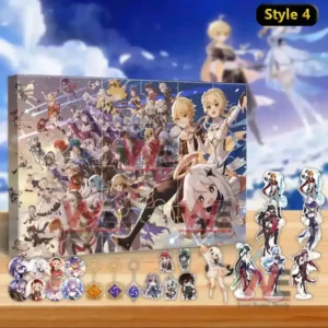 A comprehensive Genshin Impact Style 4 advent calendar featuring many characters and assorted collectible accessories displayed on a wooden table!