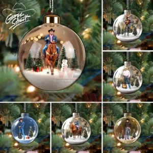 A variety of George Strait Christmas ornaments with festive and snowy backgrounds.