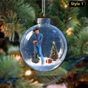 George Strait ornament with guitar, snow, and Christmas trees.
