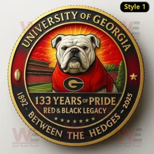 A University of Georgia 133rd anniversary coin featuring the Bulldog mascot and stadium with text honoring Red and Black Legacy from 1892 to 2025.