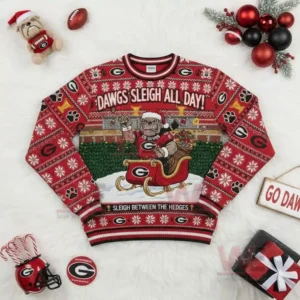 Alt text: Close-up of Georgia Bulldogs Christmas sweater with a bulldog mascot in a sleigh and 