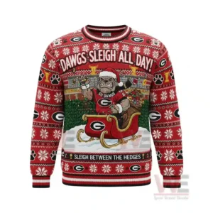 Alt text: Front view of Georgia Bulldogs Christmas sweater with bulldog mascot in sleigh and 