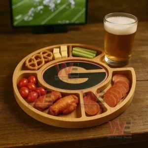 A round wooden snack board with assorted foods arranged around a central stylized letter G placed on a table next to a glass of beer with a sports game visible on a television behind it!