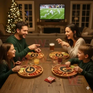 Georgia Bulldogs Heritage Platter Board 3 A family sits together at a table eating from round wooden snack boards featuring a stylized letter G while a sports game plays on a television and a decorated holiday tree glows in the background!