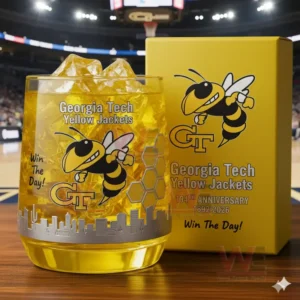 Georgia Tech Yellow Jackets 134th Anniversary Whiskey Glass 3 Georgia Tech Yellow Jackets whiskey glass with yellow ice and 134th anniversary box, displayed in front of a basketball court background.