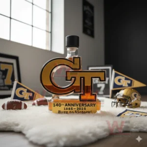 Georgia Tech GT logo bottle with anniversary text surrounded by team decor on a white rug!