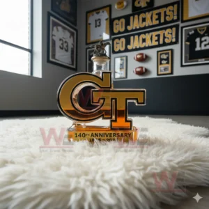 GT logo anniversary bottle in a sports room with jerseys and banners!