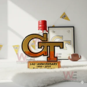 Georgia Tech GT bottle with red top on white rug with team flags and football!