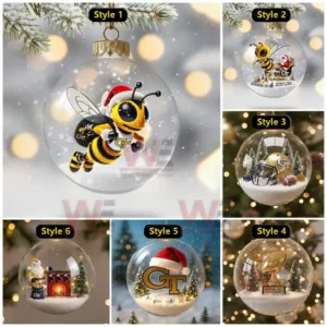Georgia Tech Yellow Jackets-themed Christmas ornaments featuring a bee mascot with a Santa hat, a football helmet, Christmas trees, and a festive touch with snowflakes and gifts.