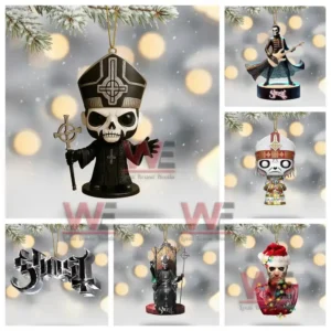 A set of rock band themed ornaments displayed in a snowy holiday scene!