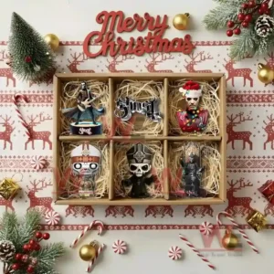 Ghost Rock Band Christmas Ornament 11 A holiday gift box holding multiple rock band themed ornaments placed on a festive background!