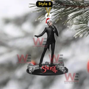 Ghost Rock Band Christmas Ornament 12 A singer themed ornament with a festive hat hanging on a tree branch in a snowy scene!