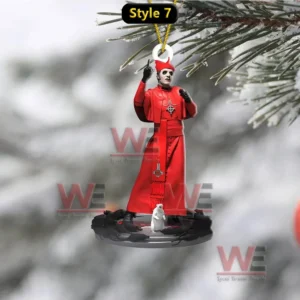 Ghost Rock Band Christmas Ornament 13 A red robed character ornament hanging on a snowy tree branch in a winter scene!