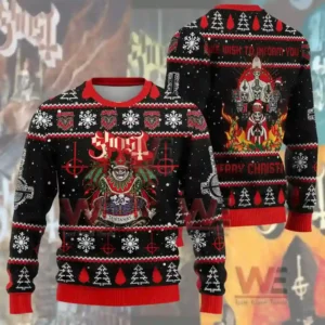 A black and red Christmas sweater with band themed illustrations snowflakes and tree patterns on the front and back!