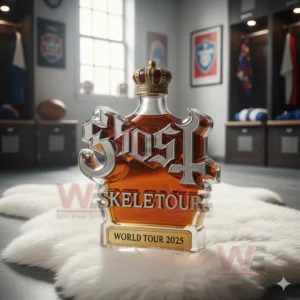 A Ghost themed bottle placed on a white rug with sports equipment and locker room decor in the background.