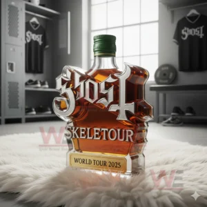 A Ghost themed bottle displayed on a white rug with training room decor behind it.