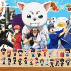 Gintama advent calendar display with rows of small character figures on a wooden table in front of a vibrant animated background!