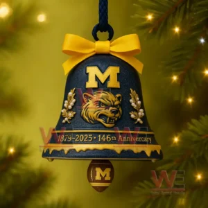 Go Blue The Michigan Wolverines 146th Anniversary Bell Ornament 3 A Michigan Wolverines bell ornament in blue and gold with a yellow bow and anniversary text hanging amid golden Christmas lights.