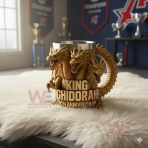 A three headed dragon shaped anniversary mug resting on a white rug in a room filled with sports trophies and banners!