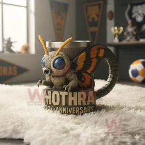 Godzilla 70th Anniversary 3D Coffe Mug 10 A moth shaped anniversary mug sitting on a white rug surrounded by sports themed decorations!