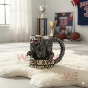 Godzilla 70th Anniversary 3D Coffe Mug 11 A robotic creature themed anniversary mug placed on a white rug in a sports themed room!