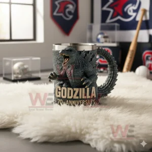 Godzilla 70th Anniversary 3D Coffe Mug 12 A reptilian creature themed anniversary mug resting on a white rug in a trophy lined room!```