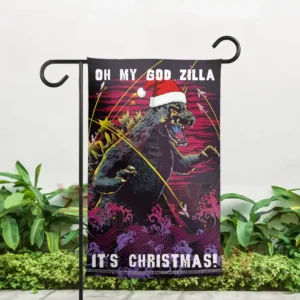 Godzilla x Christmas Garden Flag 5 Alt text: Godzilla-themed Christmas flag displayed outdoors with