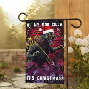 Godzilla x Christmas Garden Flag 6 Alt text: Godzilla Christmas flag displayed outdoors with
