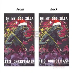 Godzilla x Christmas Garden Flag 7 Alt text: Front and back views of Godzilla-themed Christmas flag with