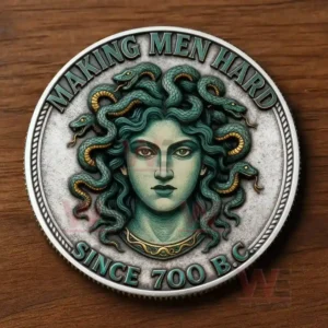 A coin front displaying the head of Medusa with snake hair in a classical design.