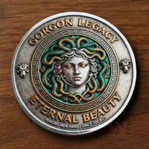 A coin back featuring a detailed Medusa portrait framed by ornate patterns.