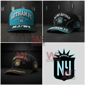 A collection of caps in teal black and gold colors features raised lettering shield logos and crown emblems in a sports themed design!