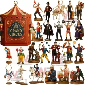 A set of circus themed mini figurines and a red tent box labeled step into grand circus arranged as part of a holiday advent calendar.