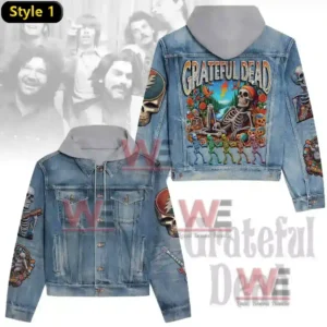 A light denim jacket with a hood and bright skeleton artwork on the back and sleeves!