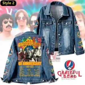 A blue denim jacket with dancing bears a band photo and sixtieth anniversary artwork on the back!