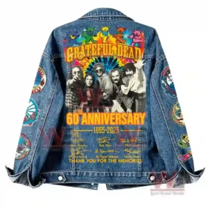 Back view of a denim jacket with a band photo colorful bears and anniversary text!