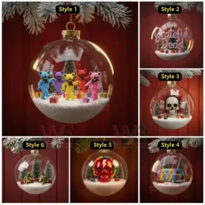 A collection of Grateful Dead inspired Christmas ornaments displayed against a red background featuring dancing bears skulls a van the band logo and two turtles playing instruments.