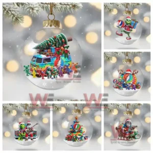 Clear Christmas ornaments filled with colorful festive characters and scenes arranged in a collage!