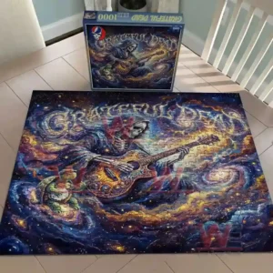 A completed one thousand piece puzzle depicting a skeleton guitarist floating in a vivid galaxy scene.