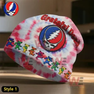 Tie dye beanie with a prominent band emblem and colorful dancing bears across the brim!