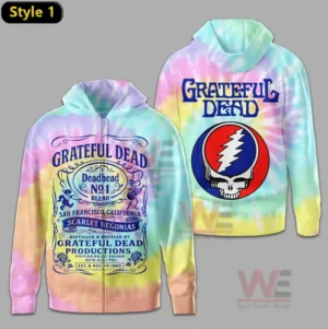Pastel tie dye hoodie with decorative front print and large skull emblem on the back for a vivid retro look!