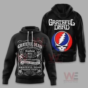 Greatful Dead Deadhead No. 1 Hoodie 13 Black pullover hoodie with complex front print and bright skull emblem on the back!