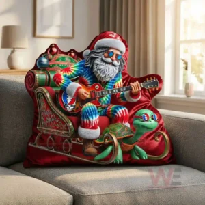 Greatful Dead Irregularly Shaped Flannel Pillow 3 A decorative pillow showing a vibrant Santa figure playing a guitar on a sleigh with festive details!